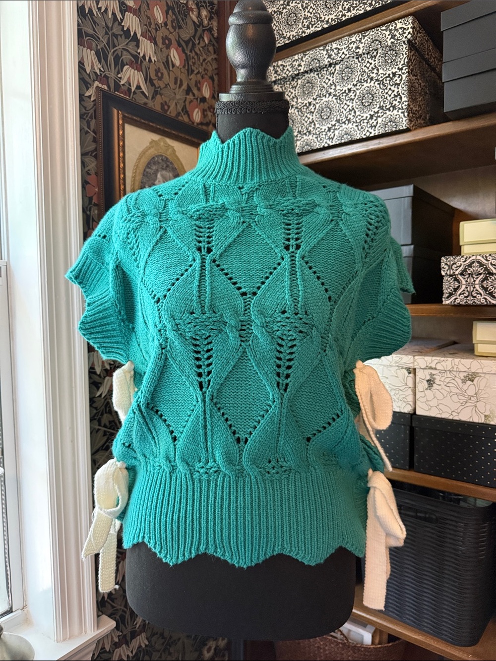 Teal Cable-Knit Short-Sleeve Sweater with Side Tie Detail